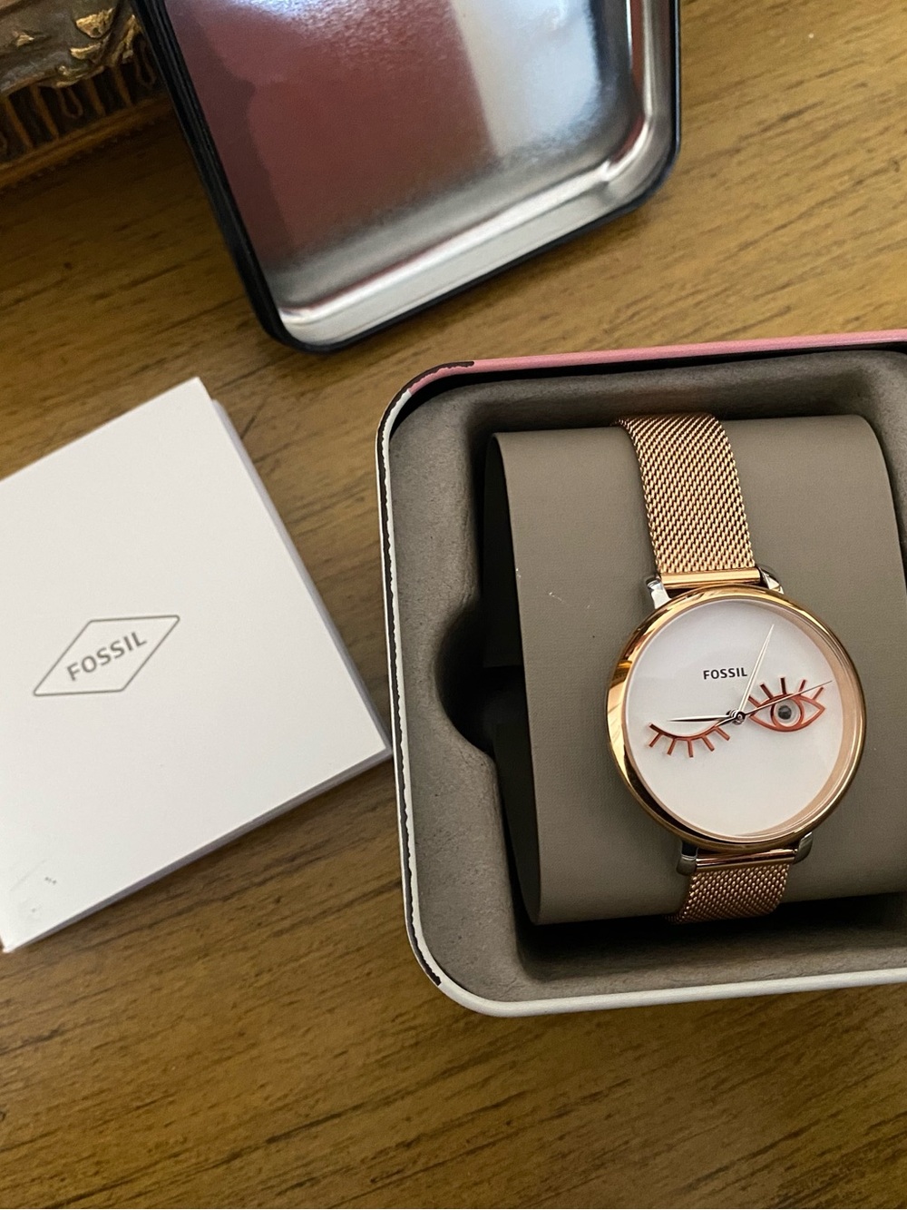 Fossil Rose Gold Mesh Bracelet Watch with White Dial and Eye Motif
